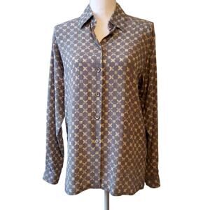 Jaeger Vintage 100% Silk Button Up Top Size Small Gray Feminine Career Preppy
